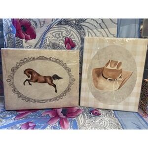 Western Cowboy Wall Art Set-Horse And Rustic Hat,‎ Farmhouse Canvas Prints